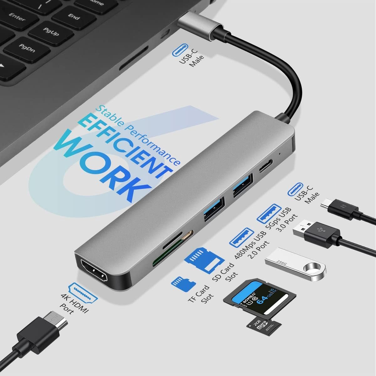 USB Splitter - USB C Hub - 6 Poorten - HDMI - USB 3.0 - USB C - Micro SD Kaart