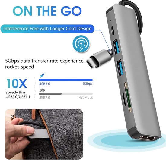 USB Splitter - USB C Hub - 6 Poorten - HDMI - USB 3.0 - USB C - Micro SD Kaart