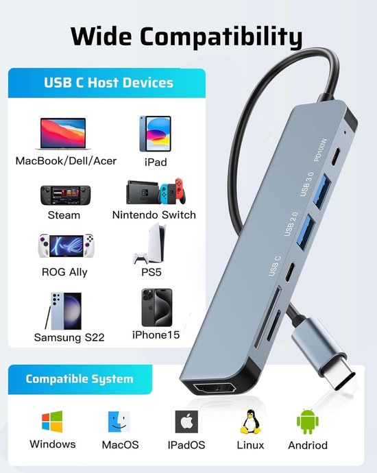 USB Splitter - USB C Hub - 7 Poorten - HDMI - USB 3.0 - USB C - Micro SD Kaart