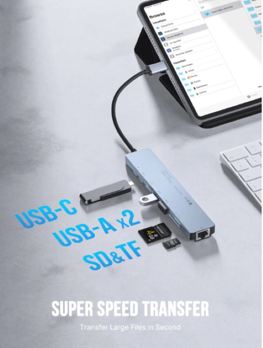 USB Splitter - USB C Hub - 8 poorten - HDMI 4K - Ethernet - USB 3.0 - USB C - Micro SD Kaart